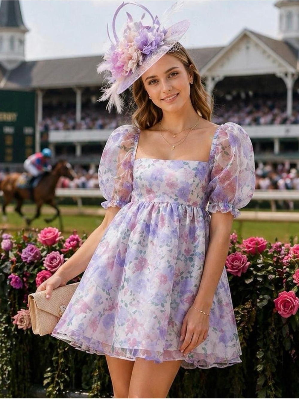 Lavender Floral Puff-Sleeve Mini Dress